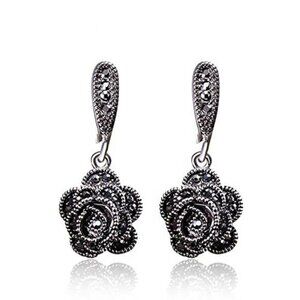 Vintage Earrings For Women Black CZ Rose Flower Drop Earrings Jewelry